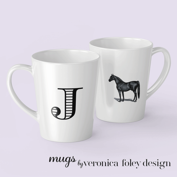 Letter J Warmblood Horse Mug with Initial, Tapered Latte Style
