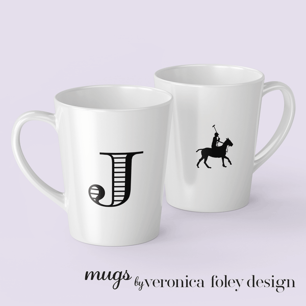 Letter J Polo Pony or Horse Mug with Initial, Tapered Latte Style