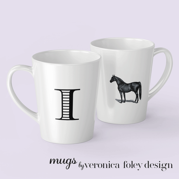 Letter I Warmblood Horse Mug with Initial, Tapered Latte Style