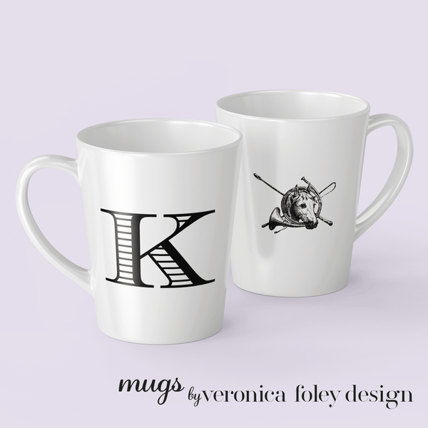 Letter K Equestrian Motif Horse Mug with Initial, Tapered Latte Style