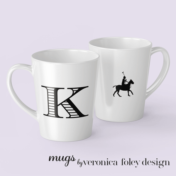 Letter K Polo Pony or Horse Mug with Initial, Tapered Latte Style