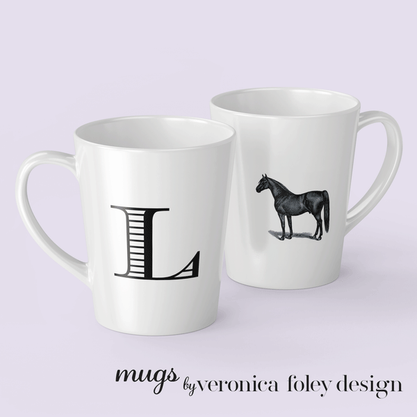 Letter L Warmblood Horse Mug with Initial, Tapered Latte Style