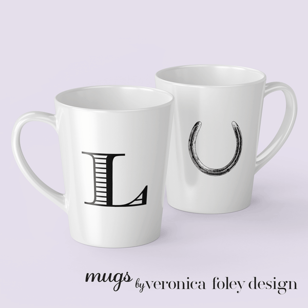 Letter L Horse Shoe Mug with Initial, Tapered Latte Style