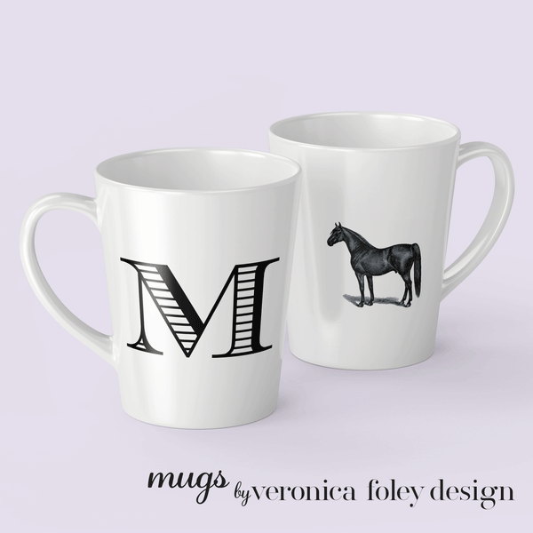 Letter M Warmblood Horse Mug with Initial, Tapered Latte Style