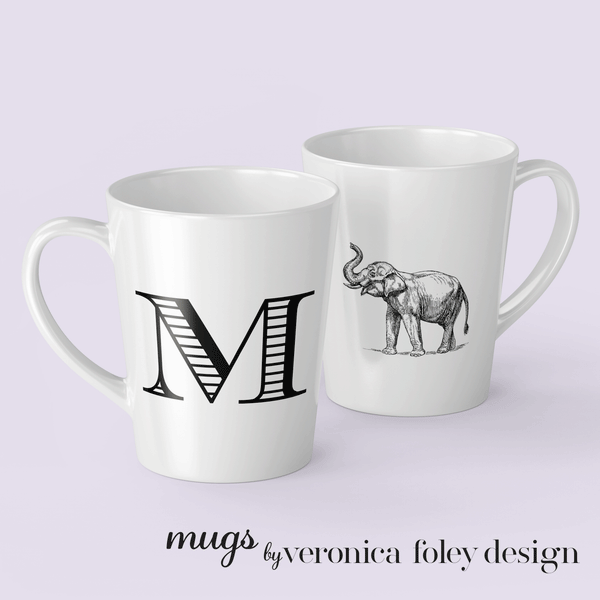 Letter M Elephant Mug with Initial, Tapered Latte Mug