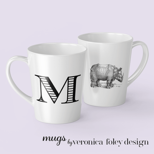 Letter M Durer Rhinoceros Mug with Initial, 12 ounce Tapered Latte Style