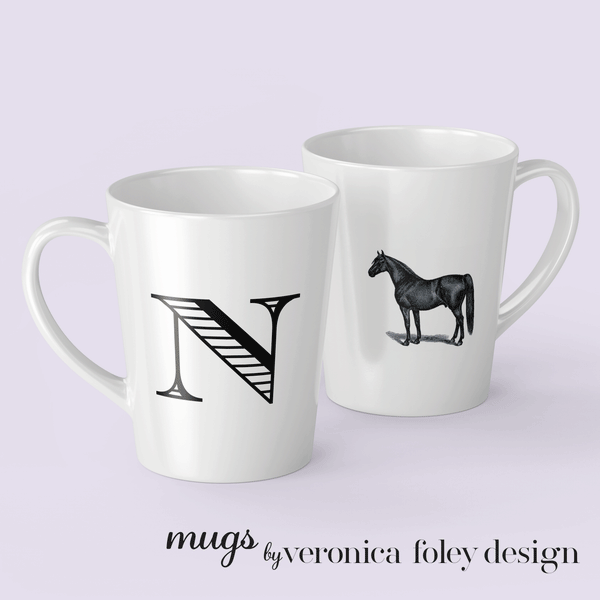 Letter N Warmblood Horse Mug with Initial, Tapered Latte Style