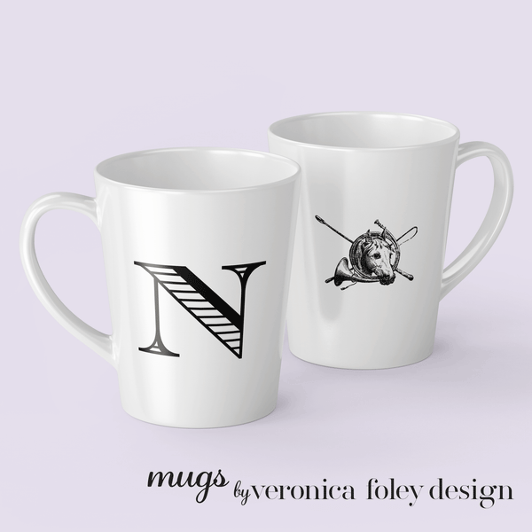 Letter N Equestrian Motif Horse Mug with Initial, Tapered Latte Style