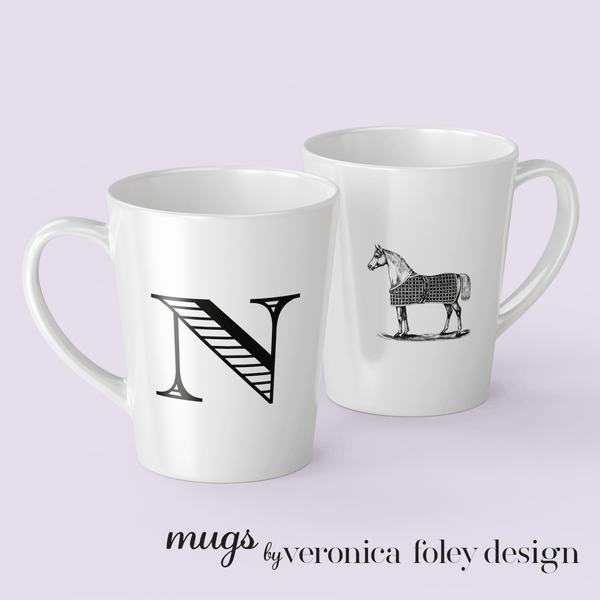 Letter N Vintage Blanket on Horse Mug with Initial, Tapered Latte Style