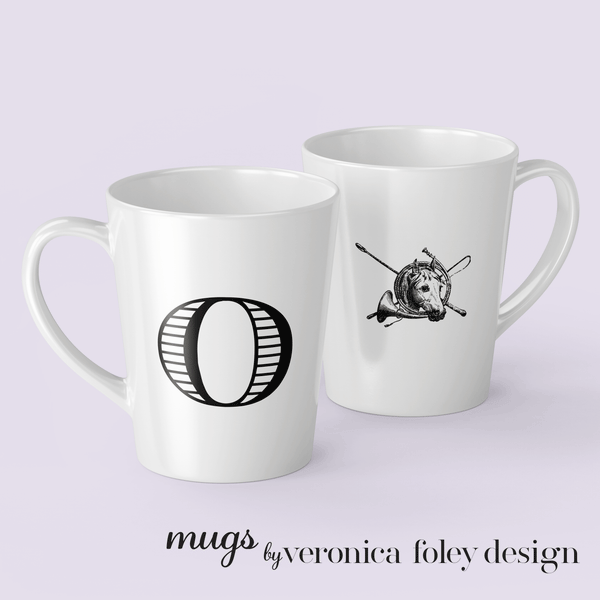 Letter O Equestrian Motif Horse Mug with Initial, Tapered Latte Style