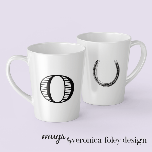 Letter O Horse Shoe Mug with Initial, Tapered Latte Style
