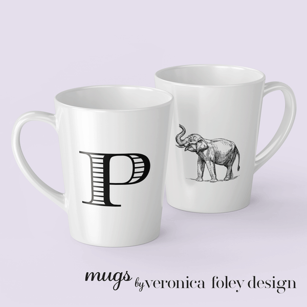 Letter P Elephant Mug with Initial, Tapered Latte Mug