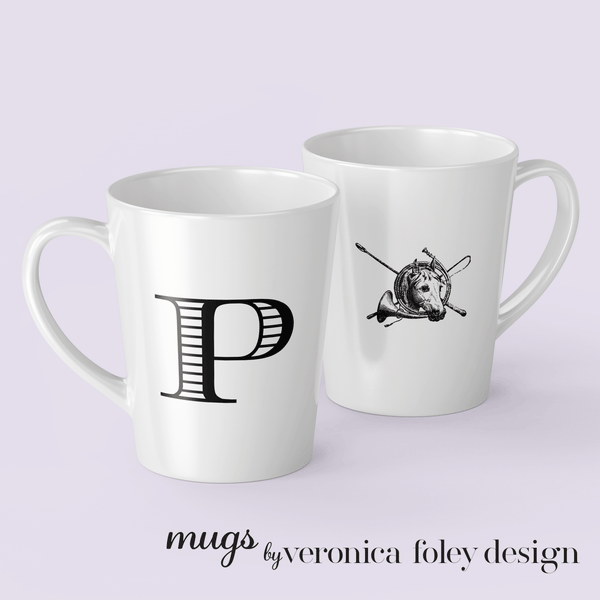 Letter P Equestrian Motif Horse Mug with Initial, Tapered Latte Style