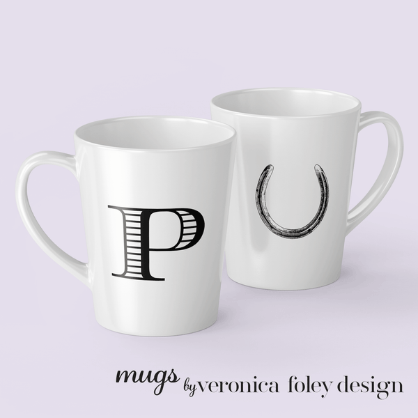 Letter P Horse Shoe Mug with Initial, Tapered Latte Style