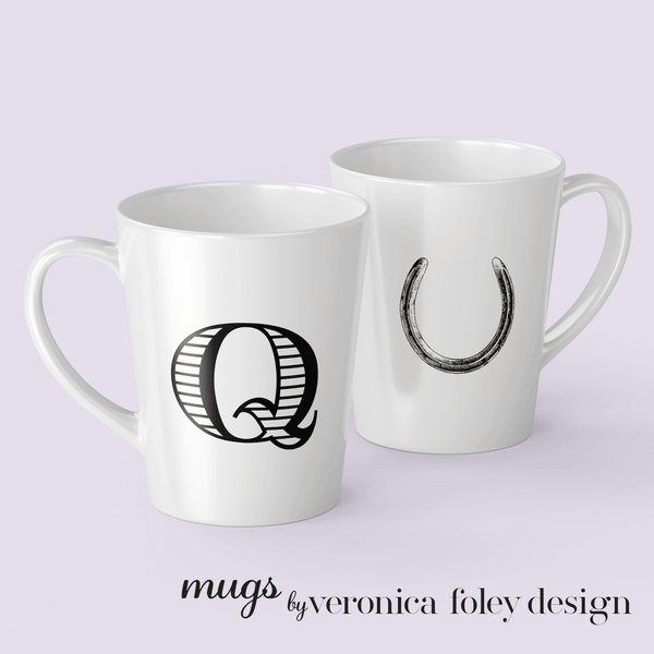 Letter Q Horse Shoe Mug with Initial, Tapered Latte Style
