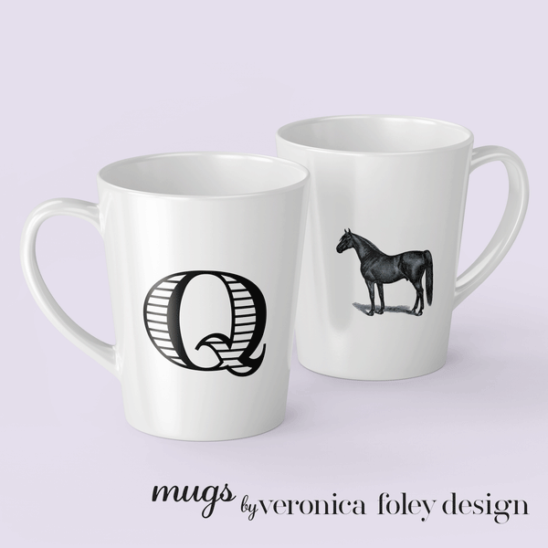 Letter Q Warmblood Horse Mug with Initial, Tapered Latte Style