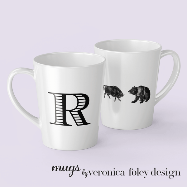 Letter R Bull and Bear Mug, Tapered Latte Style