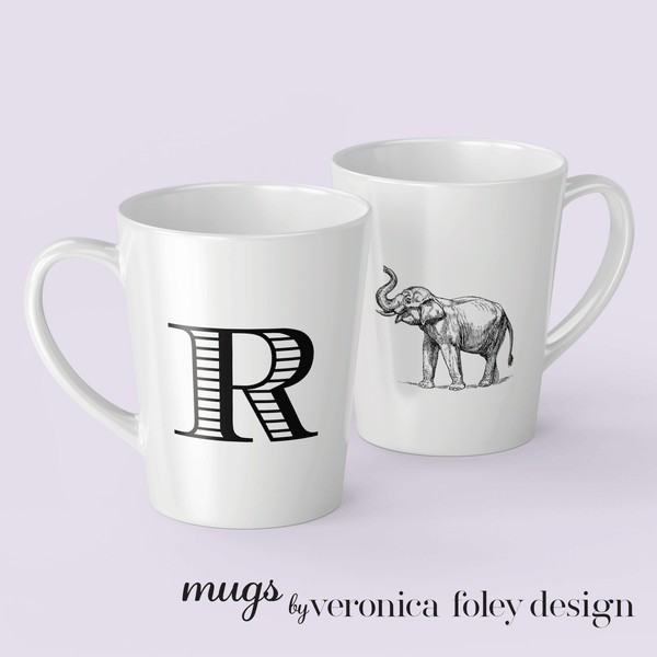 Letter R Elephant Mug with Initial, Tapered Latte Mug