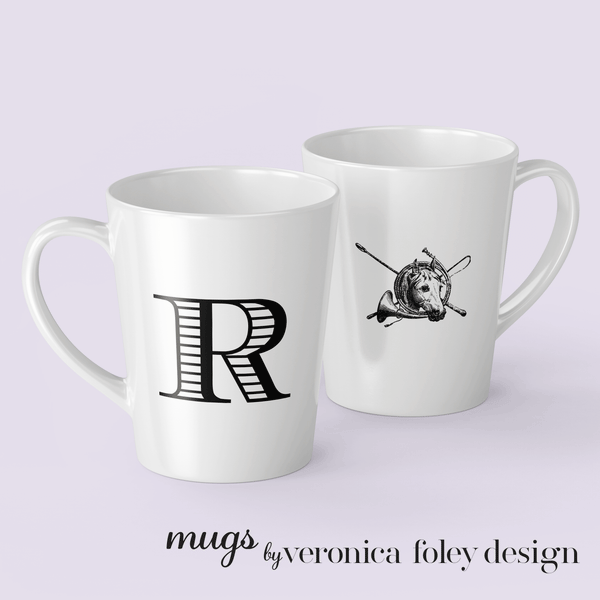 Letter R Equestrian Motif Horse Mug with Initial, Tapered Latte Style