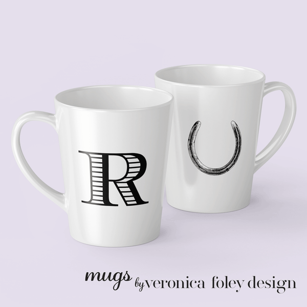 Letter R Horse Shoe Mug with Initial, Tapered Latte Style