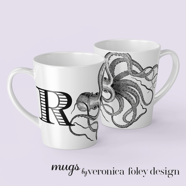 Letter R Octopus Mug with Initial, 12 ounce Tapered Latte Style