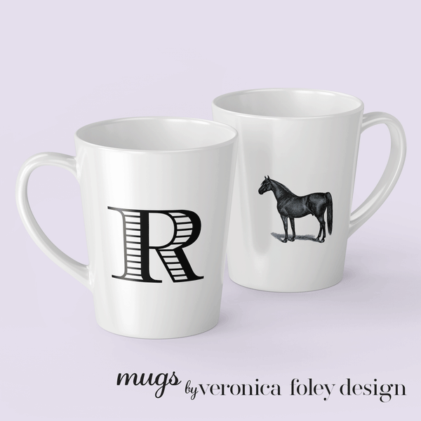 Letter R Warmblood Horse Mug with Initial, Tapered Latte Style