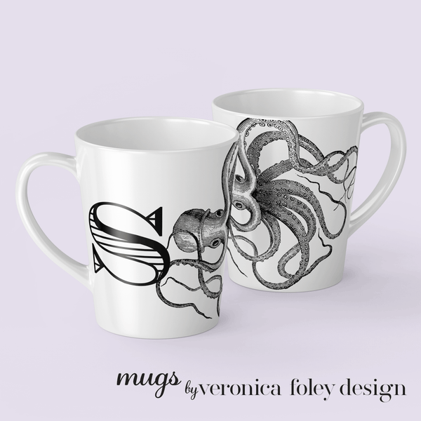 Letter S Octopus Mug with Initial, 12 ounce Tapered Latte Style