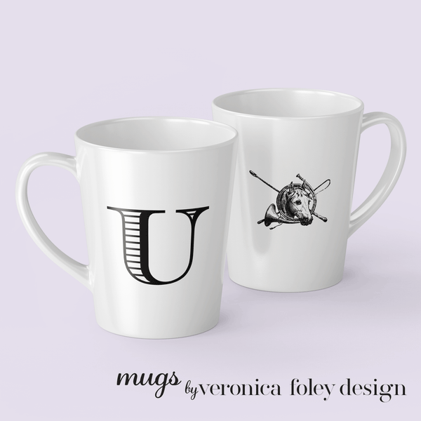 Letter U Equestrian Motif Horse Mug with Initial, Tapered Latte Style