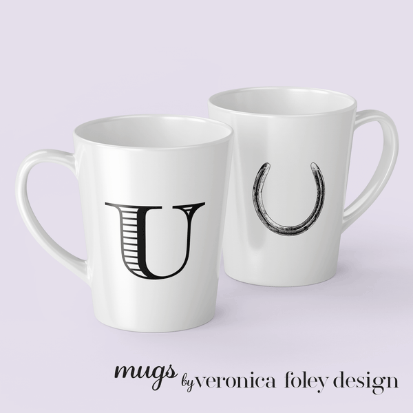Letter U Horse Shoe Mug with Initial, Tapered Latte Style