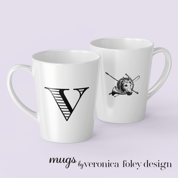 Letter V Equestrian Motif Horse Mug with Initial, Tapered Latte Style