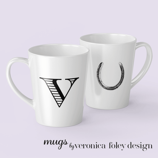 Letter V Horse Shoe Mug with Initial, Tapered Latte Style