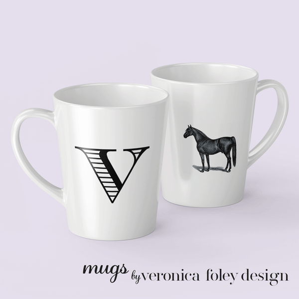 Letter V Warmblood Horse Mug with Initial, Tapered Latte Style