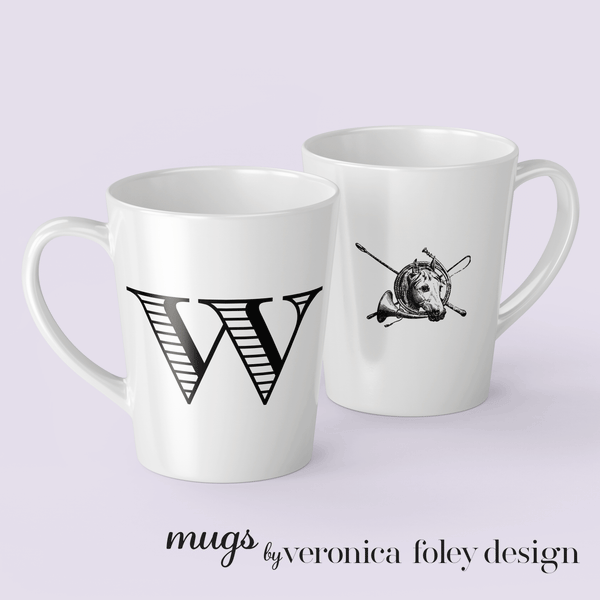 Letter W Equestrian Motif Horse Mug with Initial, Tapered Latte Style