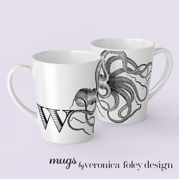 Letter W Octopus Mug with Initial, 12 ounce Tapered Latte Style