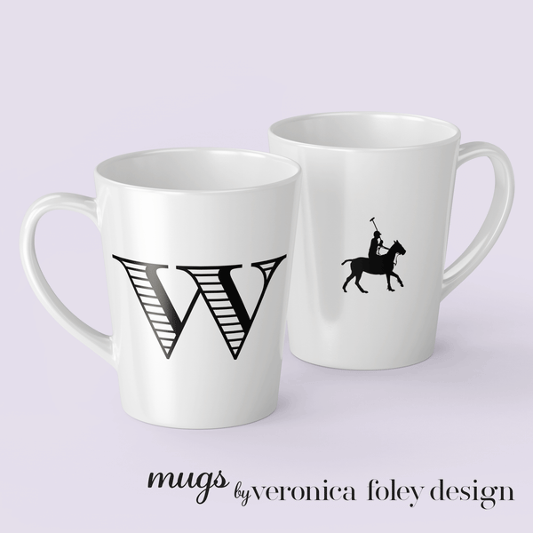 Letter W Polo Pony or Horse Mug with Initial, Tapered Latte Style