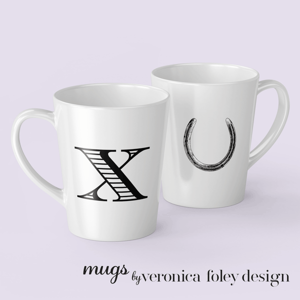 Letter X Horse Shoe Mug with Initial, Tapered Latte Style