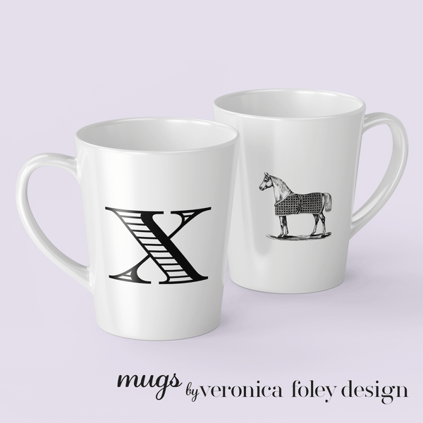 Letter X Vintage Blanket on Horse Mug with Initial, Tapered Latte Style
