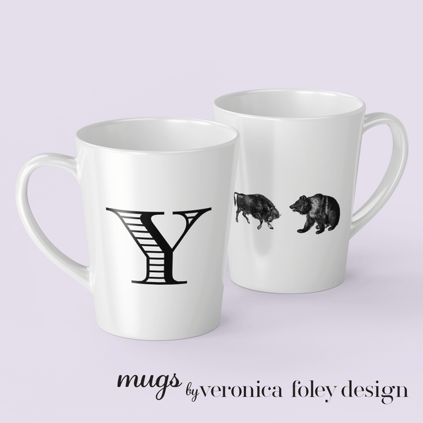 Letter Y Bull and Bear Mug, Tapered Latte Style