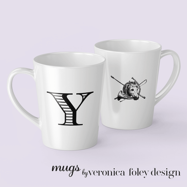 Letter Y Equestrian Motif Horse Mug with Initial, Tapered Latte Style