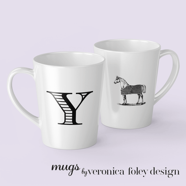 Letter Y Vintage Blanket on Horse Mug with Initial, Tapered Latte Style