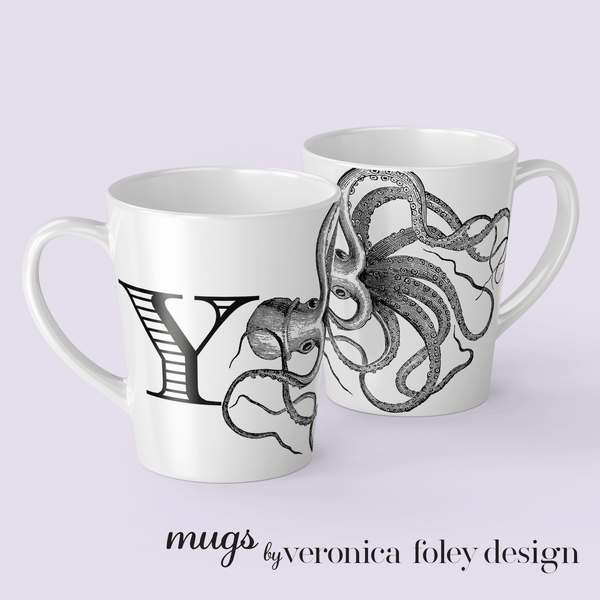 Letter Y Octopus Mug with Initial, 12 ounce Tapered Latte Style