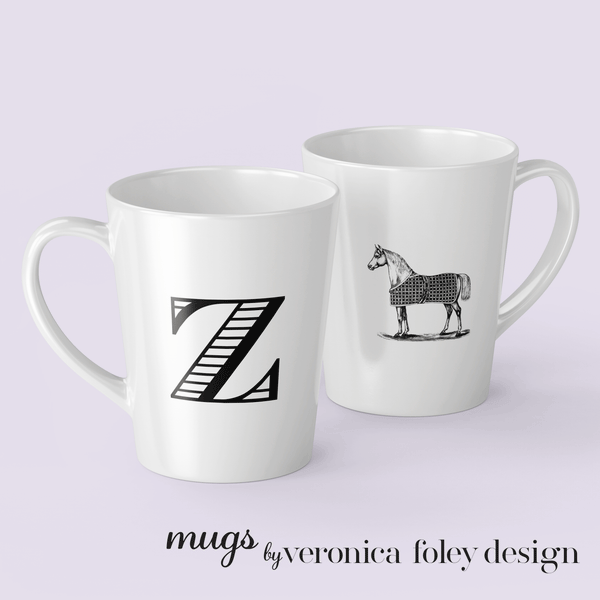 Letter Z Vintage Blanket on Horse Mug with Initial, Tapered Latte Style