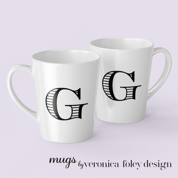Letter A, B, C, D, E, F, G, H, I Shaded Roman Latte Mug with Initial