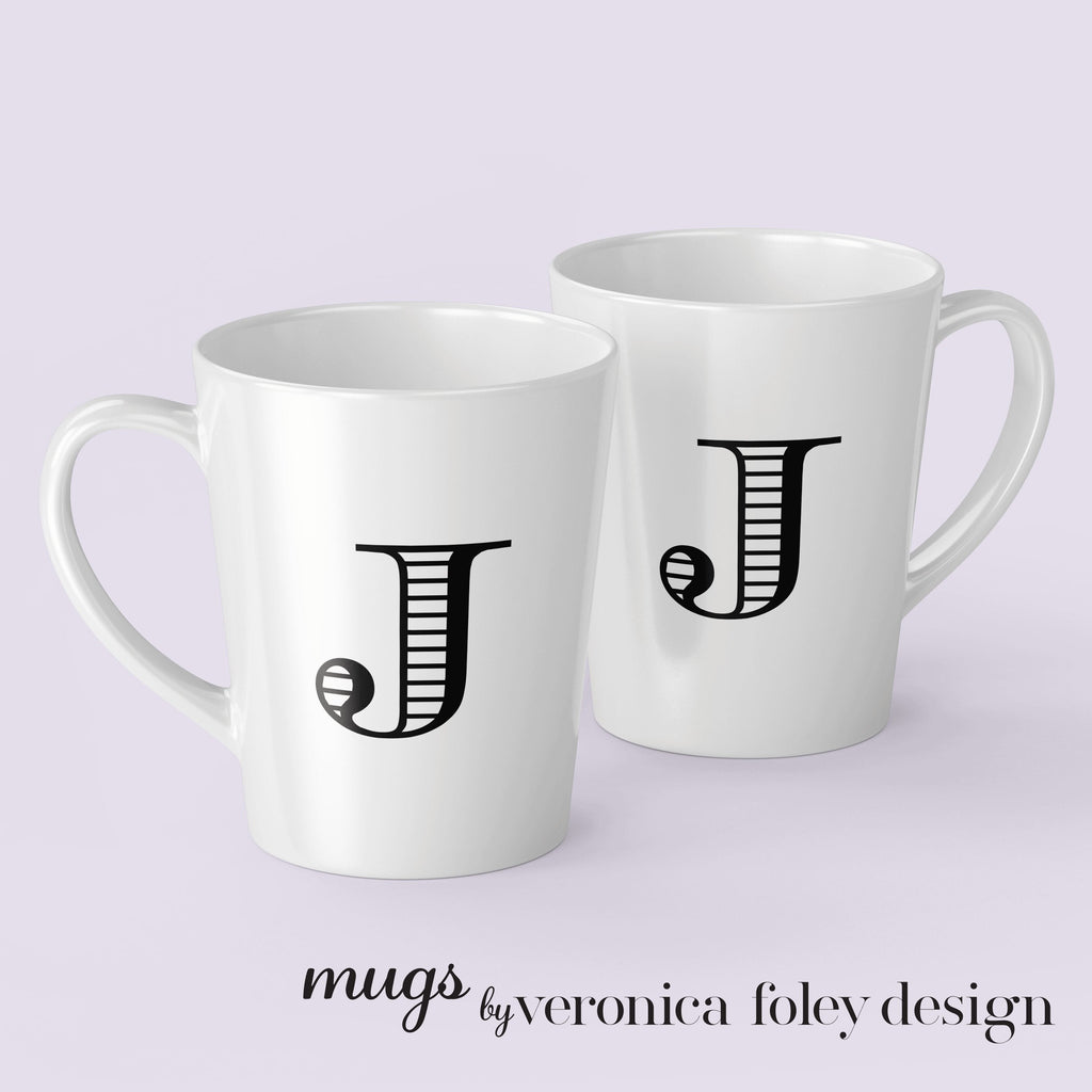 Letter J, K, L, M, N, O, P, Q, R Shaded Roman Latte Mug with Initial