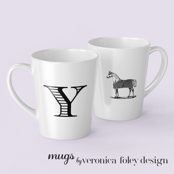 Letter S, T, U, V, W, X, Y, Z Vintage Blanket on Horse Mug with Initial, Tapered Latte Style