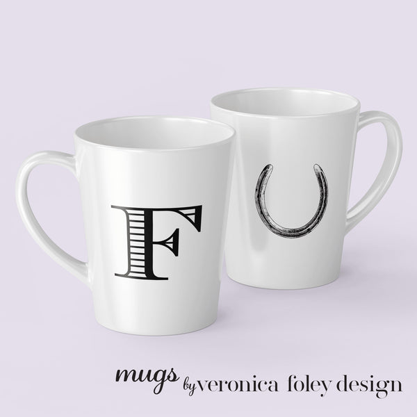 Letter A, B, C, D, E, F, G, H, I Horse Shoe Mug with Initial, Tapered Latte Style
