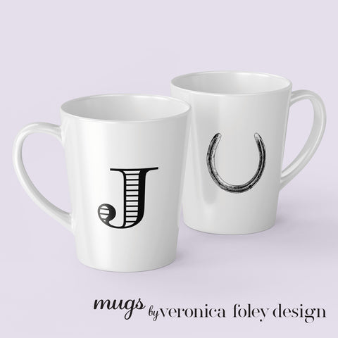 Letter J, K, L, M, N, O, P, Q, R Horse Shoe Mug with Initial, Tapered Latte Style