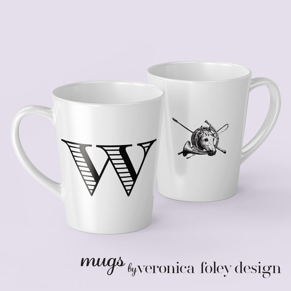 Letter S, T, U, V, W, X, Y, Z on Horse Mug with Initial, Tapered Latte Style