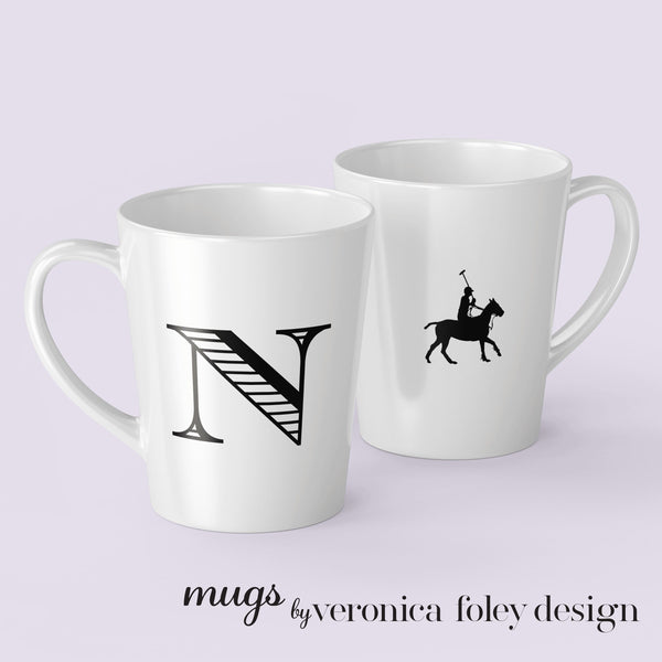 Letter J, K, L, M, N, O, P, Q, R on Polo Pony or Horse Mug with Initial, Tapered Latte Style