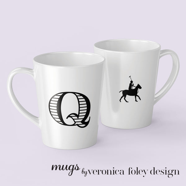 Letter J, K, L, M, N, O, P, Q, R on Polo Pony or Horse Mug with Initial, Tapered Latte Style